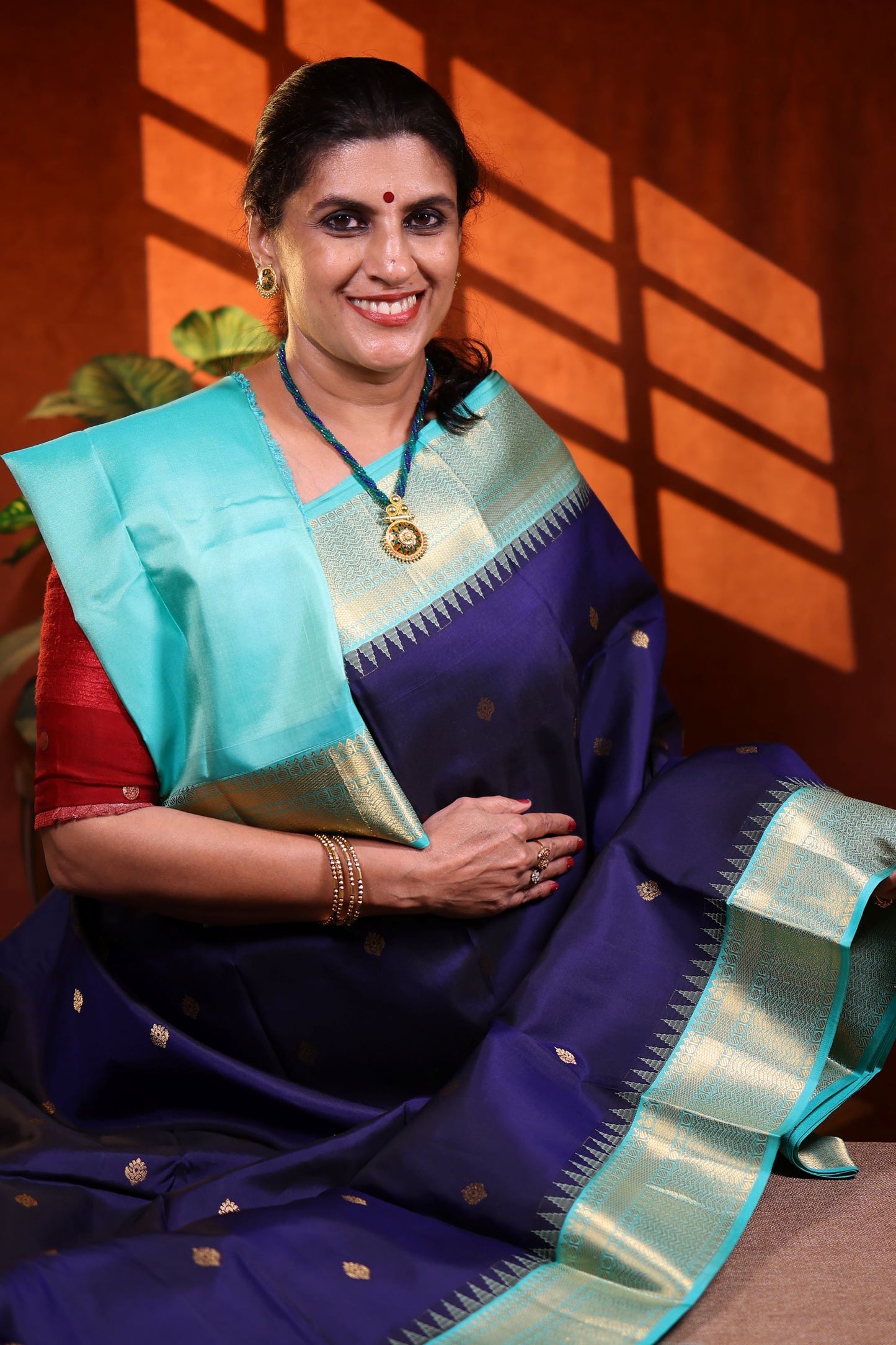 Pure Silk Saree - Navy Blue Color with Aqua Green Zari Border