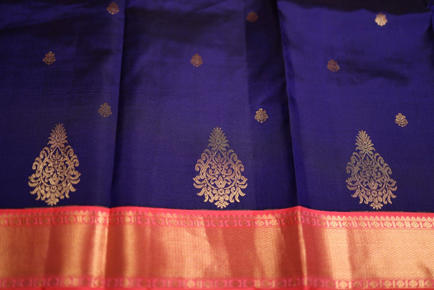 Pure Silk Saree - Navy Blue Color with Coral Pink Zari Border