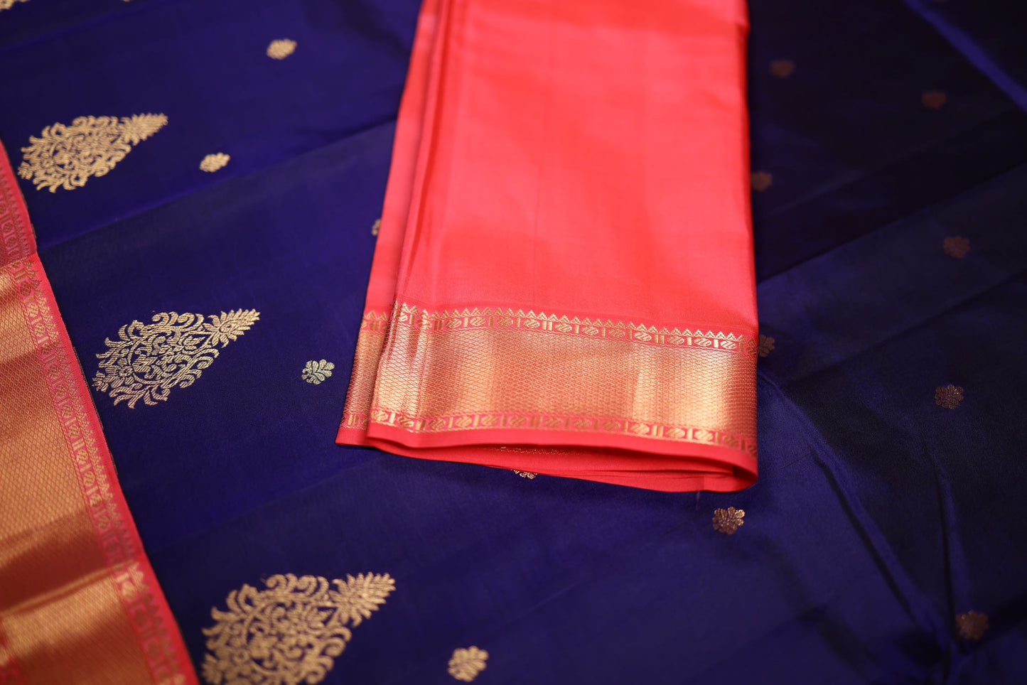 Pure Silk Saree - Navy Blue Color with Coral Pink Zari Border