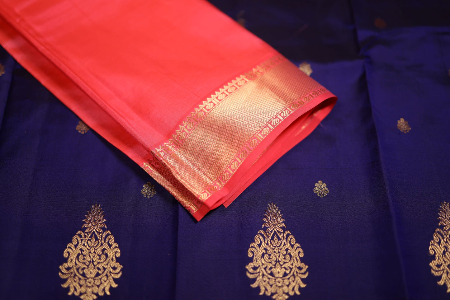 Pure Silk Saree - Navy Blue Color with Coral Pink Zari Border