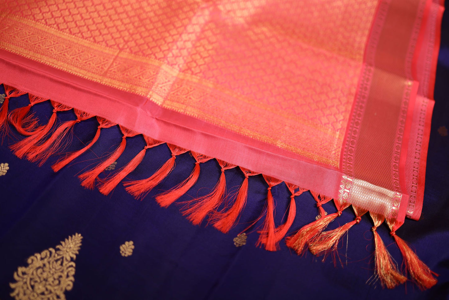 Pure Silk Saree - Navy Blue Color with Coral Pink Zari Border