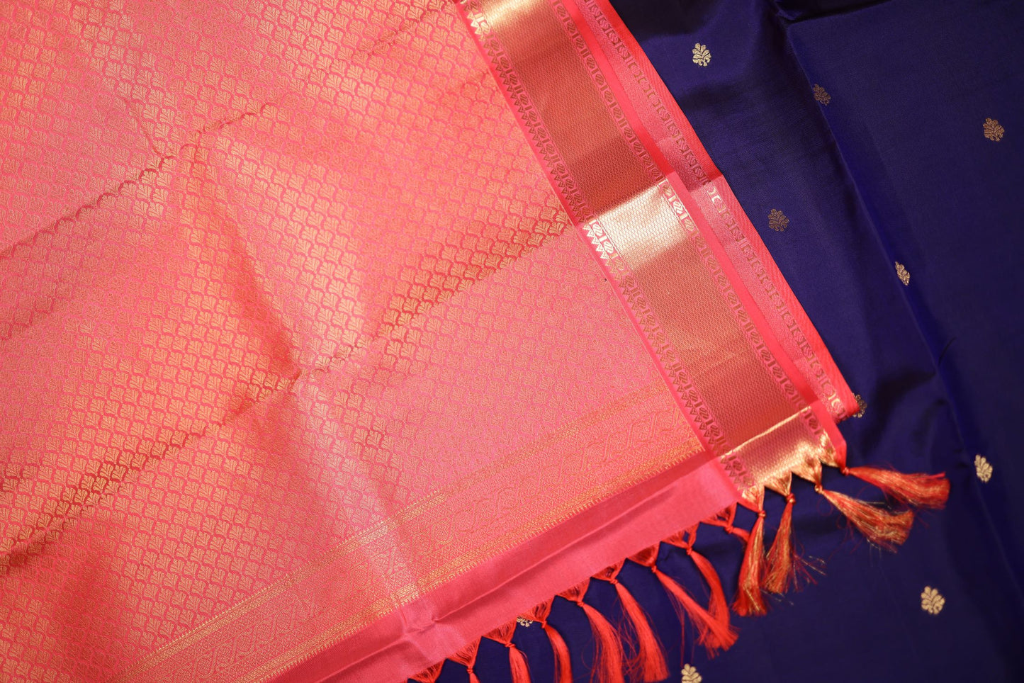 Pure Silk Saree - Navy Blue Color with Coral Pink Zari Border