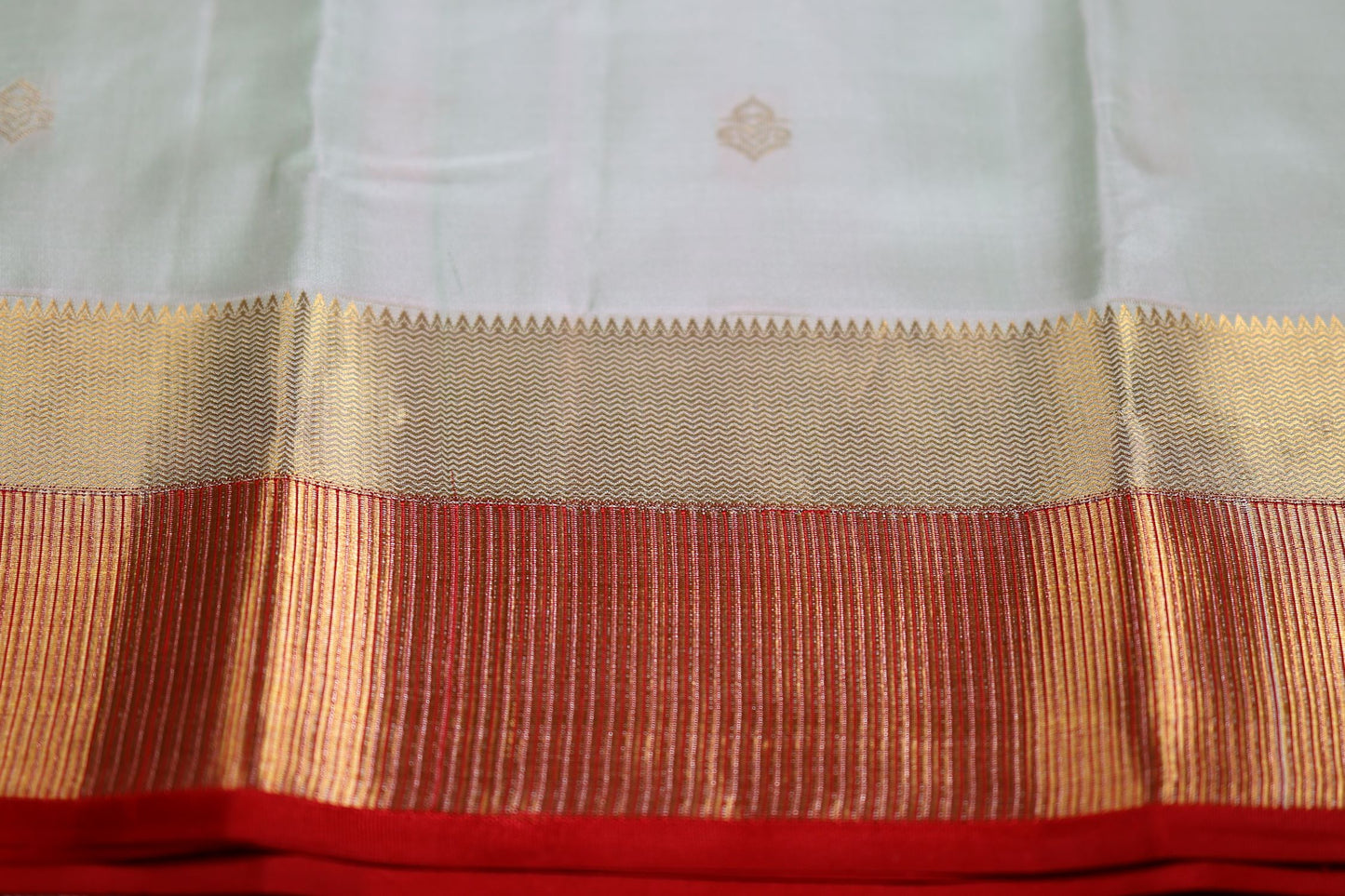 Pure Silk Saree - Pista Green Color with Chilli Red Zari Border