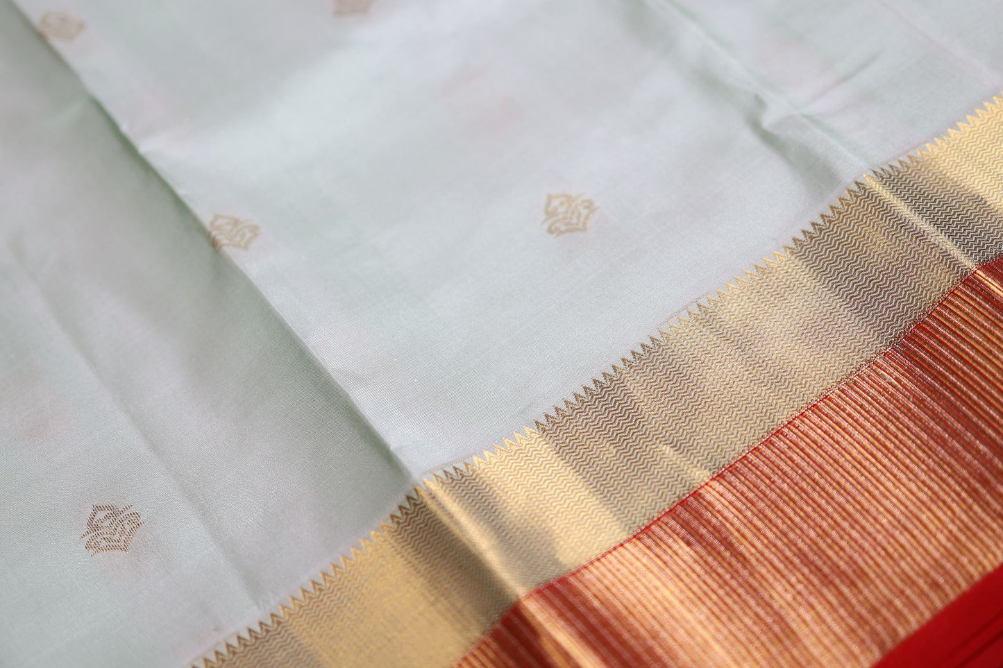 Pure Silk Saree - Pista Green Color with Chilli Red Zari Border