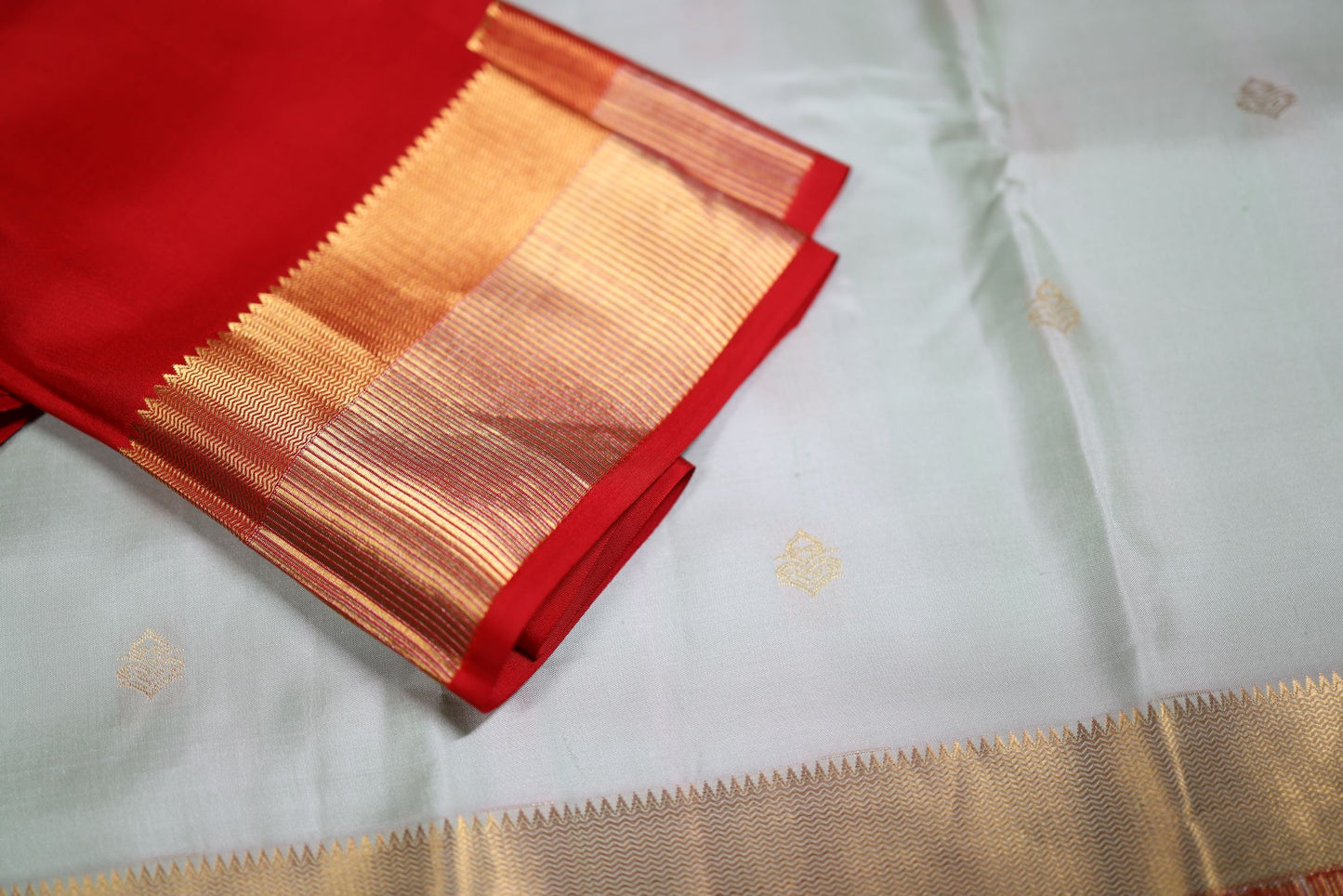 Pure Silk Saree - Pista Green Color with Chilli Red Zari Border