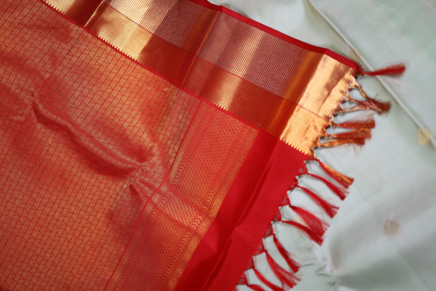 Pure Silk Saree - Pista Green Color with Chilli Red Zari Border