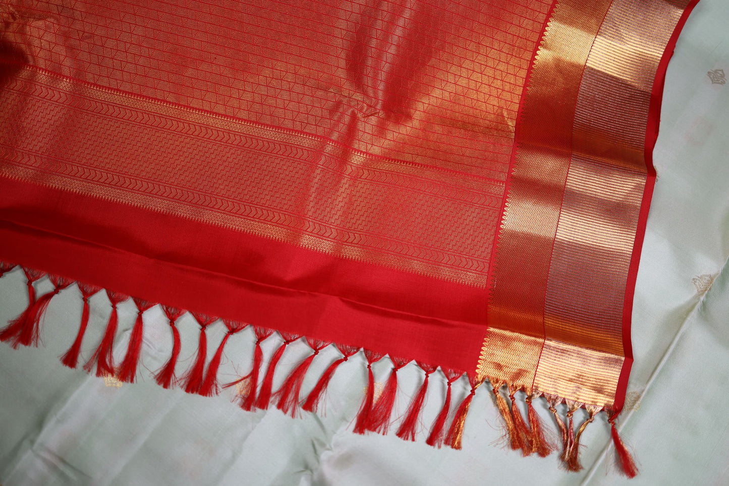 Pure Silk Saree - Pista Green Color with Chilli Red Zari Border