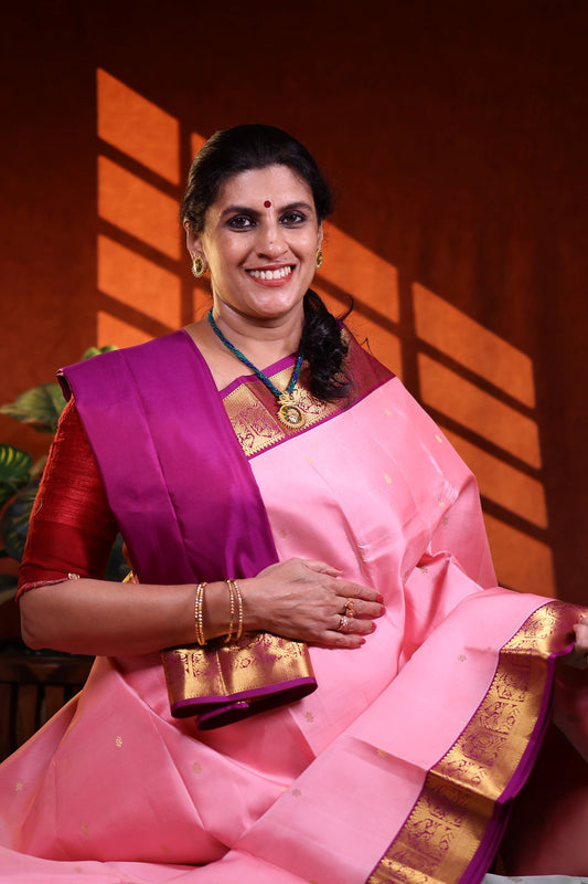 Pure Silk Saree - Pink Color with Magenta Color Zari Border