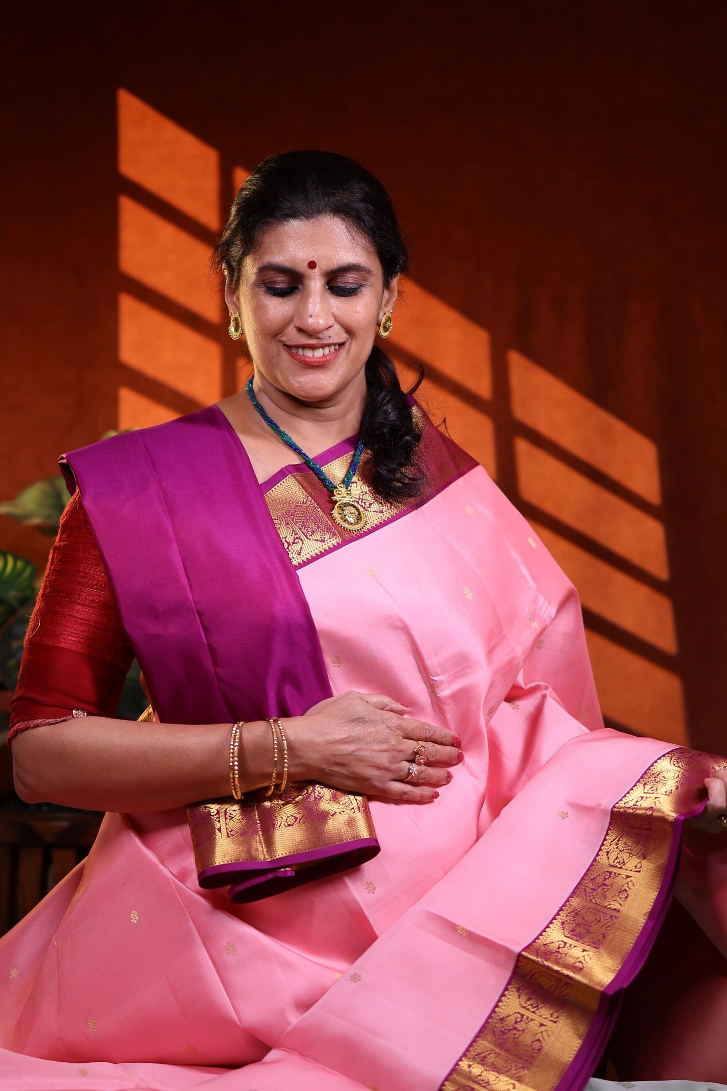 Pure Silk Saree - Pink Color with Magenta Color Zari Border