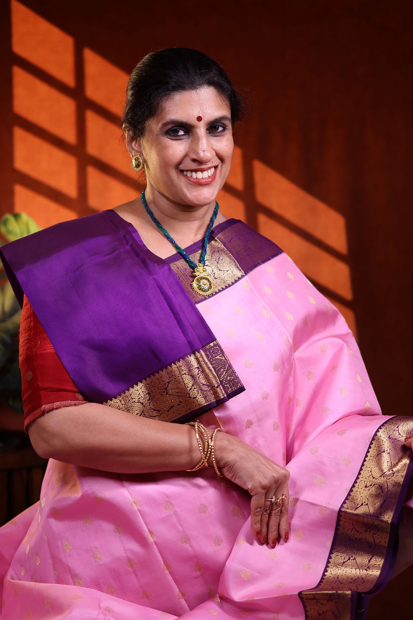 Pure Silk Saree - Pink Color with Violet Color Zari Border
