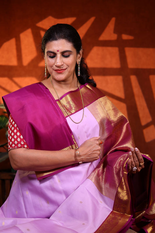 Pure Silk Saree - Lavendar Color with Magenta Zari Border