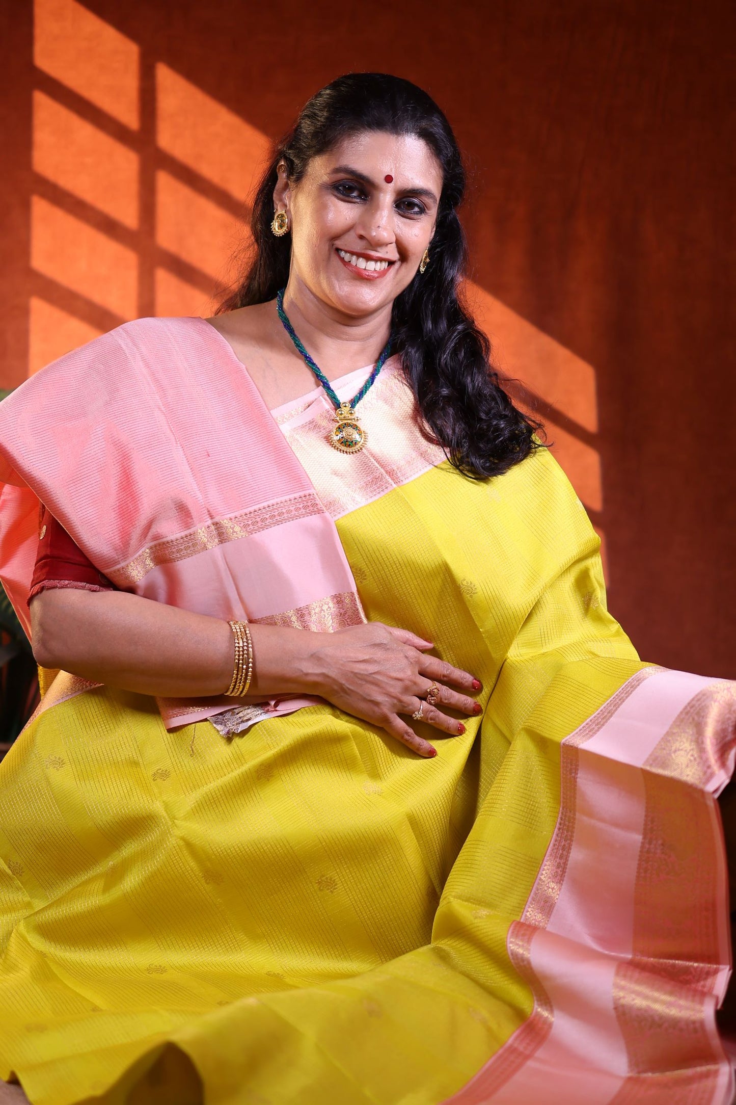 Pure Silk Saree - Fall Leaves Yellow Color with Pink Zari Border