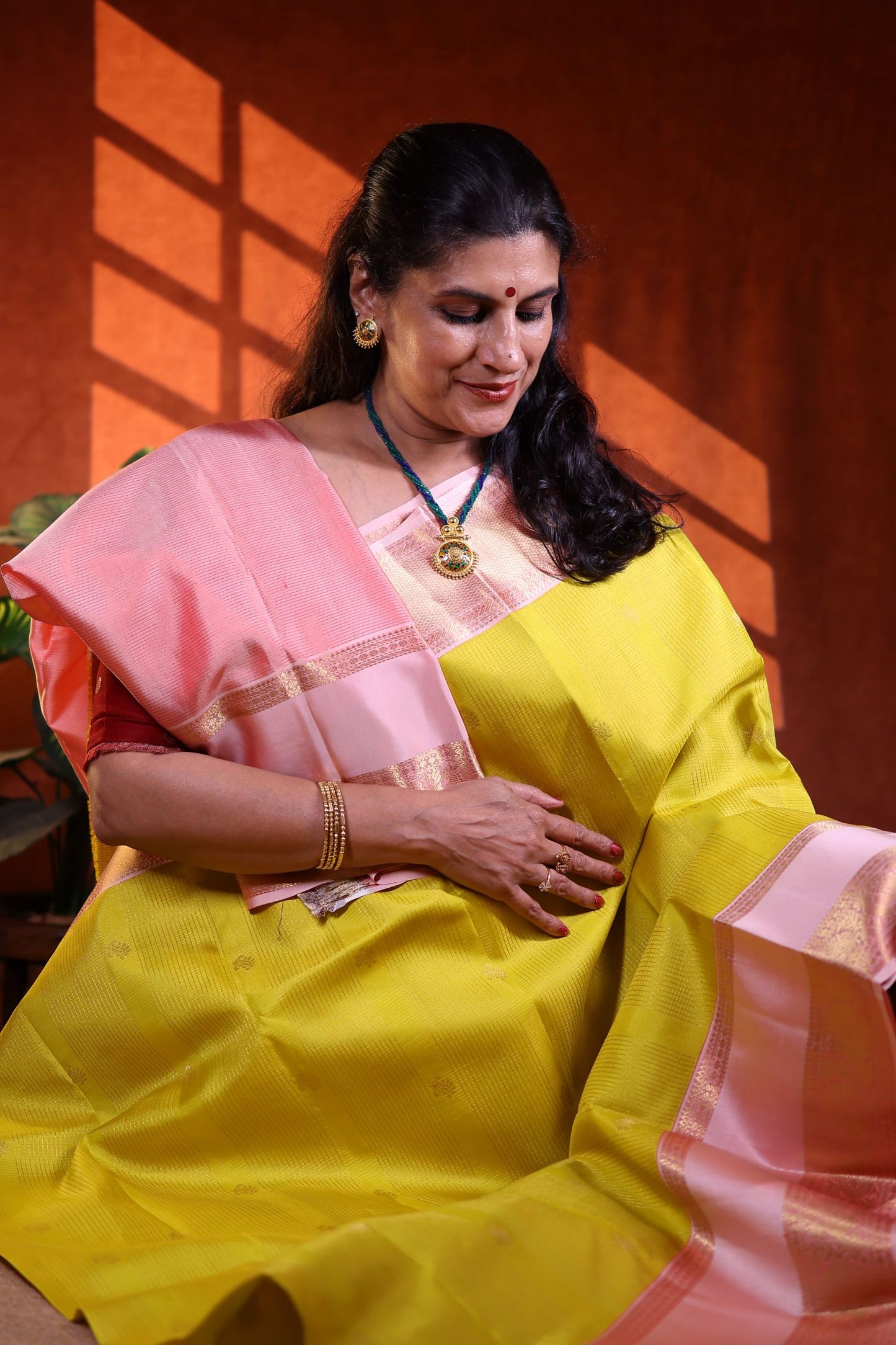 Pure Silk Saree - Fall Leaves Yellow Color with Pink Zari Border