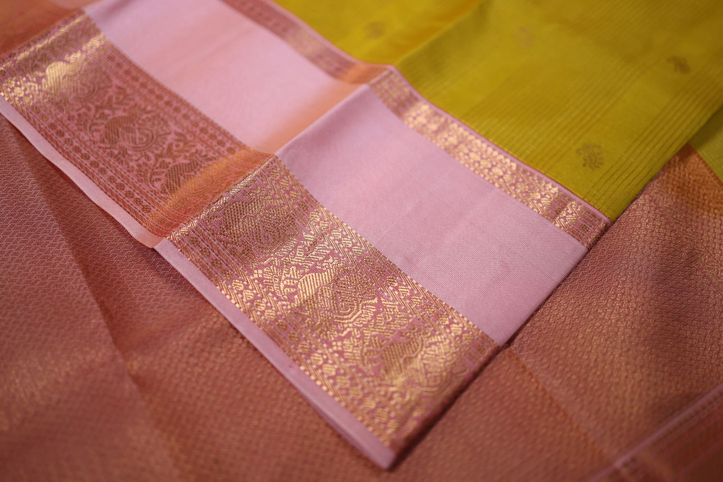 Pure Silk Saree - Fall Leaves Yellow Color with Pink Zari Border