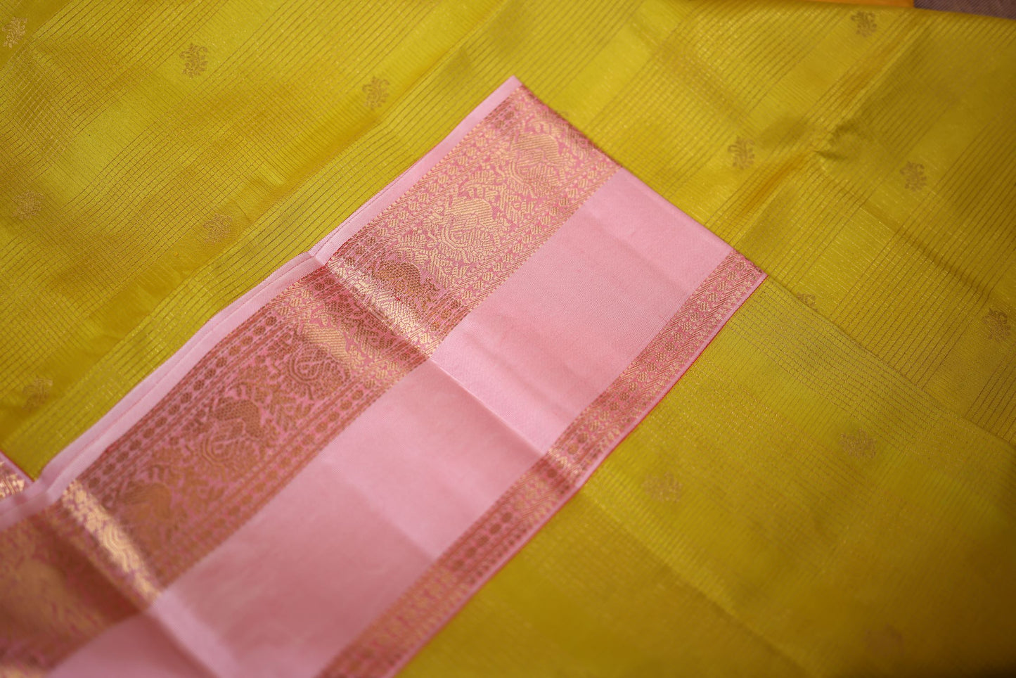 Pure Silk Saree - Fall Leaves Yellow Color with Pink Zari Border