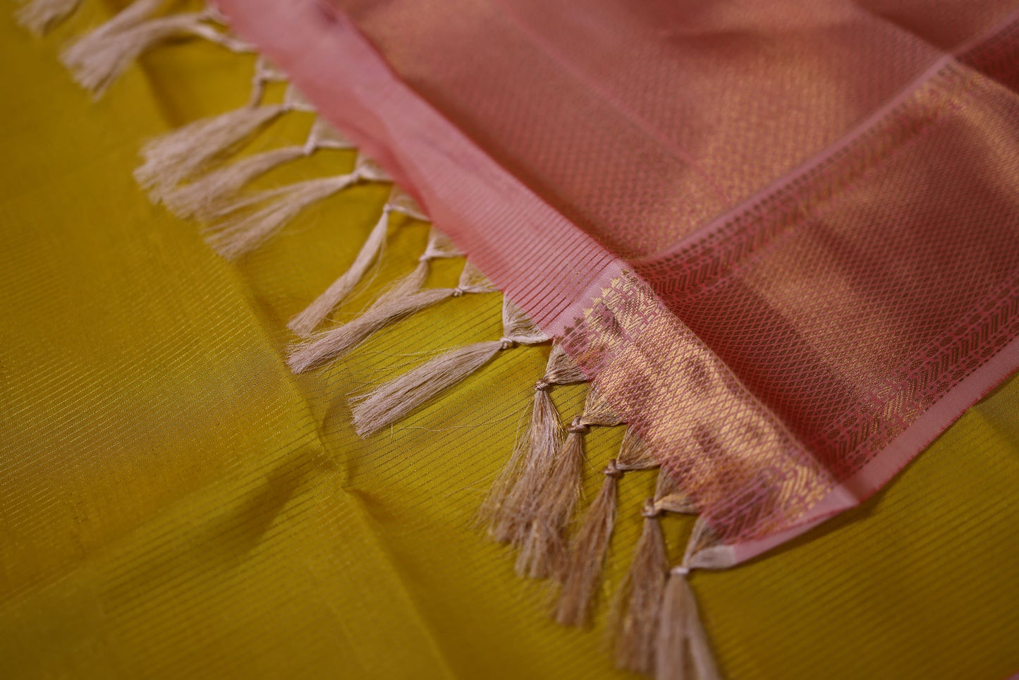 Pure Silk Saree - Fall Leaves Yellow Color with Pink Zari Border