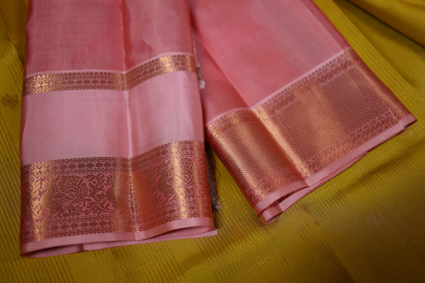 Pure Silk Saree - Fall Leaves Yellow Color with Pink Zari Border