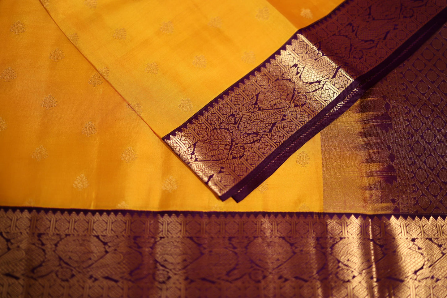 Pure Silk Saree - Yellow Color with Violet Zari Border