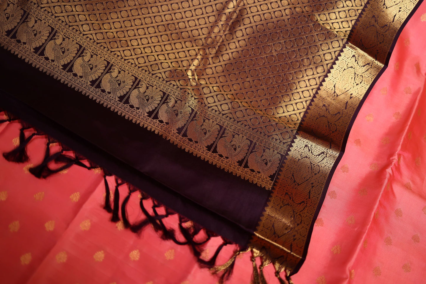 Pure Silk Saree - Peach Color with Brown Zari Border