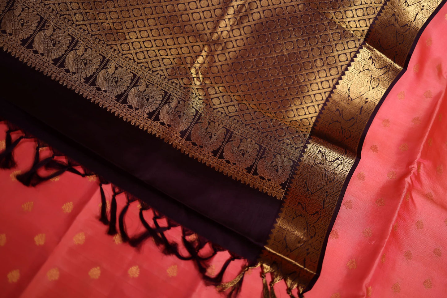 Pure Silk Saree - Peach Color with Brown Zari Border