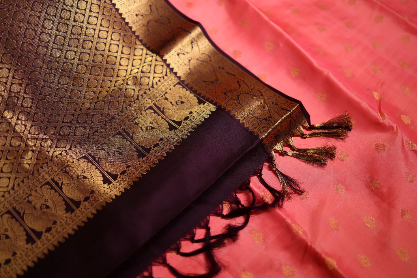 Pure Silk Saree - Peach Color with Brown Zari Border