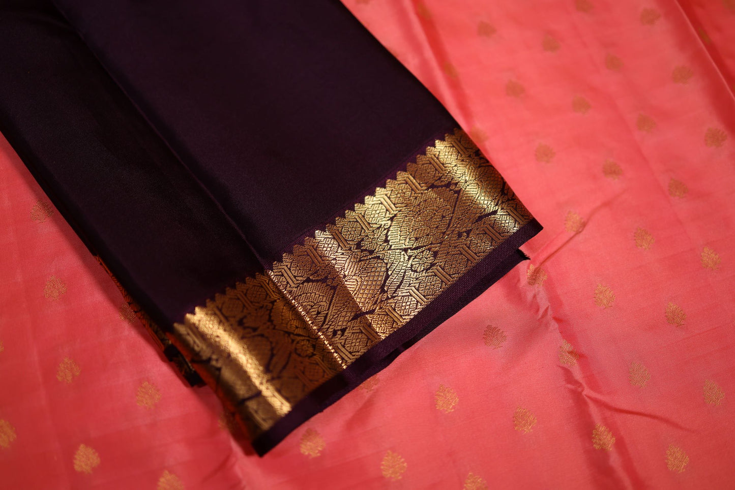 Pure Silk Saree - Peach Color with Brown Zari Border