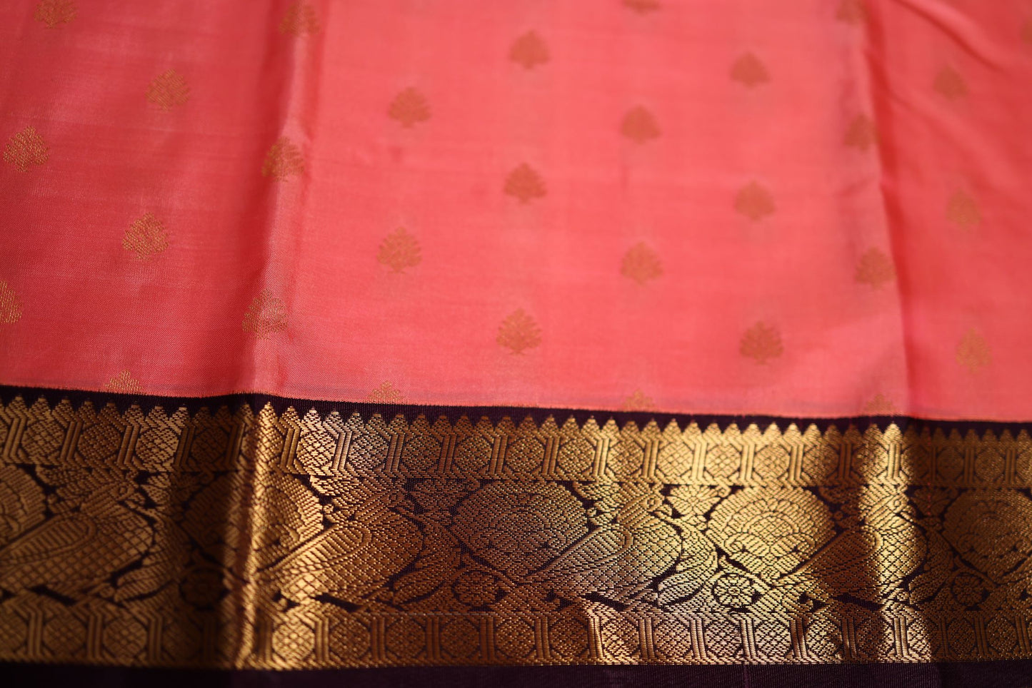 Pure Silk Saree - Peach Color with Brown Zari Border