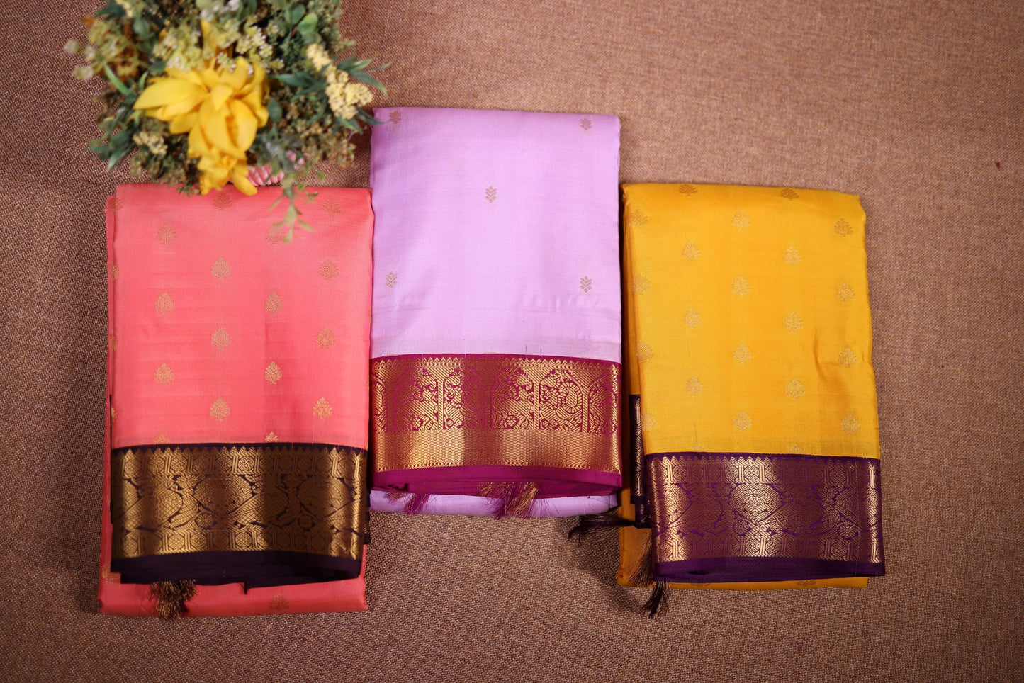 Pure Silk Saree - Peach Color with Brown Zari Border