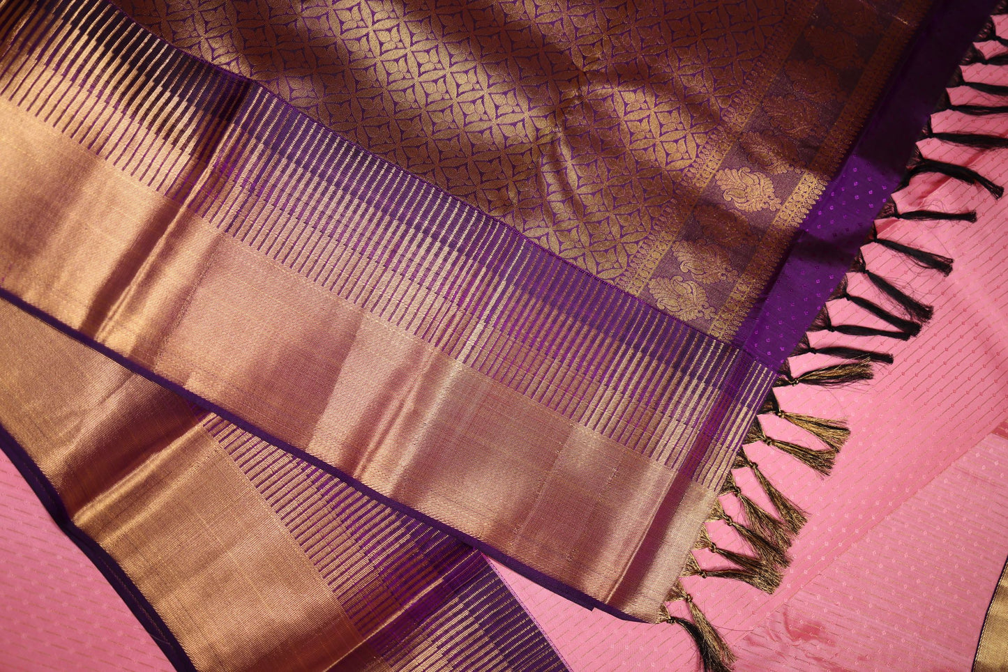 Pure Silk Saree - Pink Color with Violet Zari Border