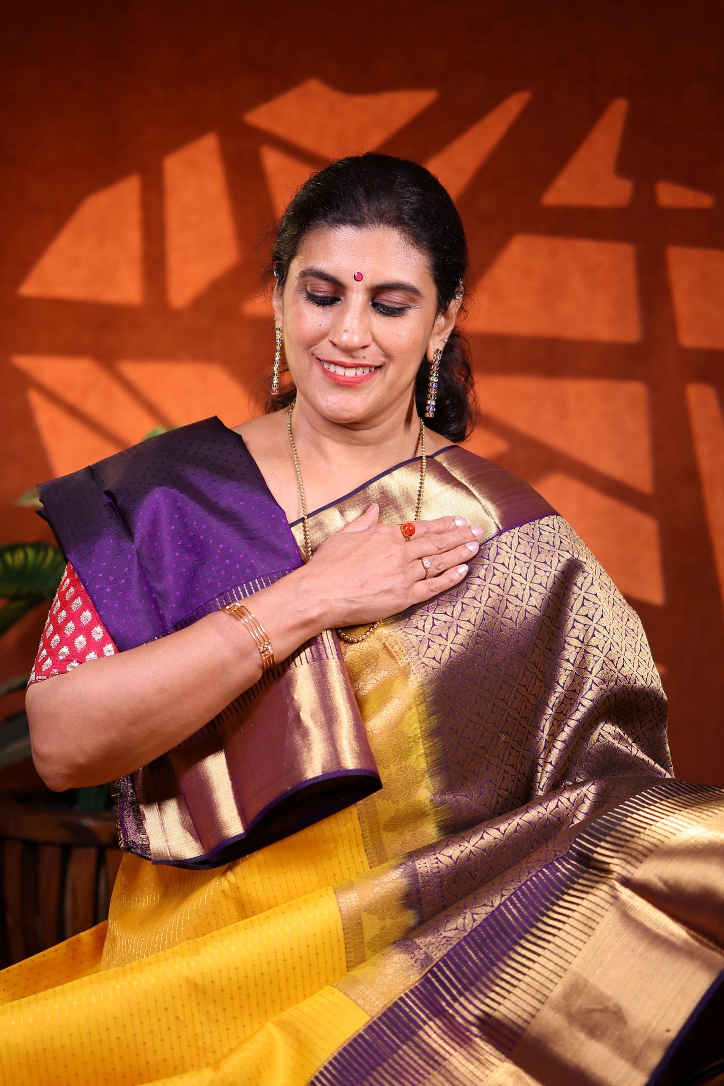 Pure Silk Saree - Yellow Color with Violet Zari Border