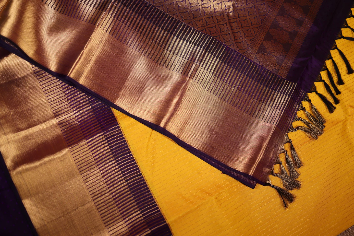 Pure Silk Saree - Yellow Color with Violet Zari Border