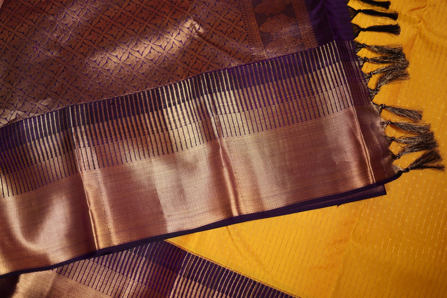 Pure Silk Saree - Yellow Color with Violet Zari Border