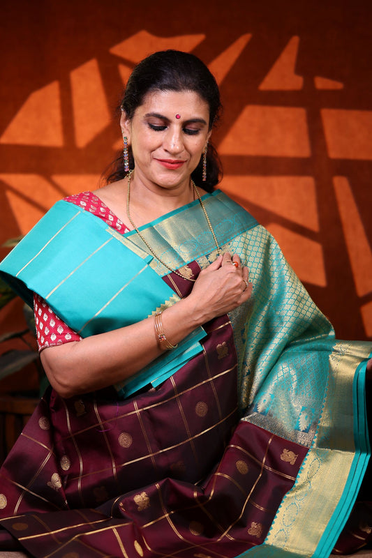 Pure Silk Saree - Coffee Brown Color with Aqua Green Zari Border