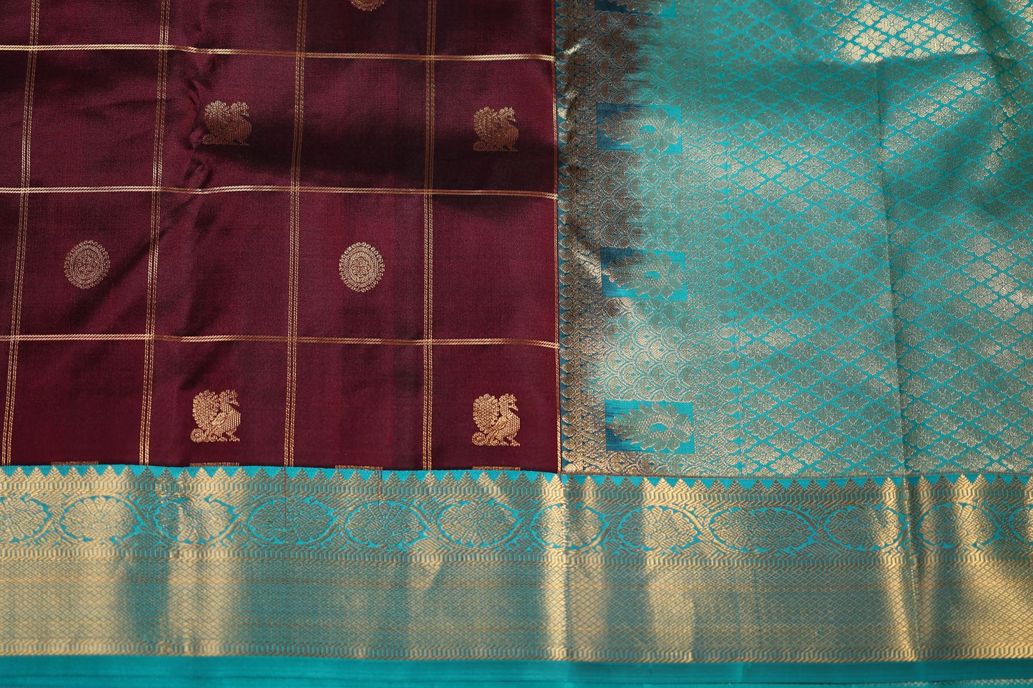 Pure Silk Saree - Coffee Brown Color with Aqua Green Zari Border