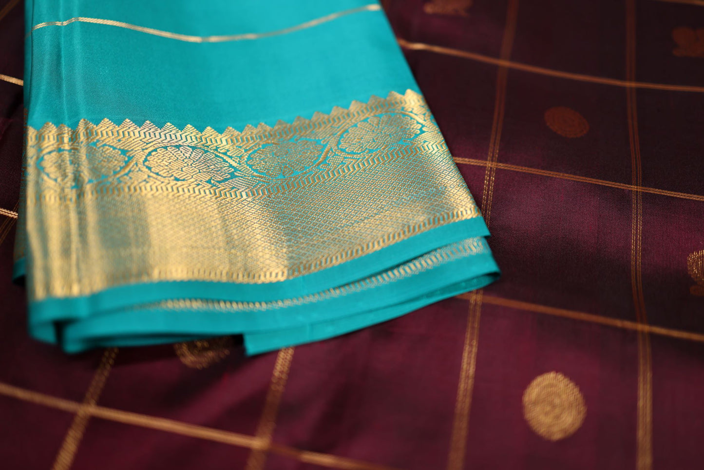 Pure Silk Saree - Coffee Brown Color with Aqua Green Zari Border