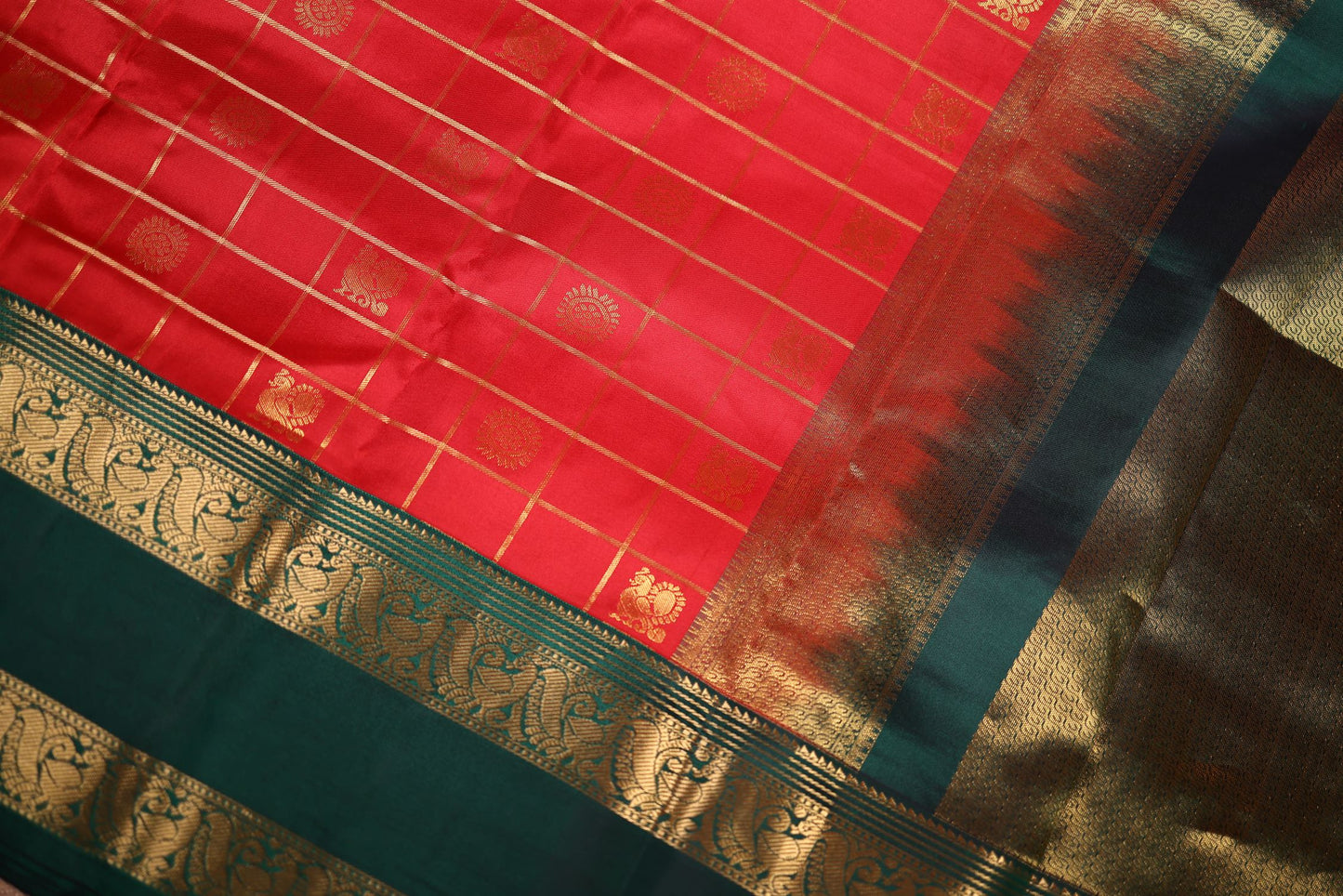 Pure Silk Saree - Red Color with Bottle Green Green Zari Border