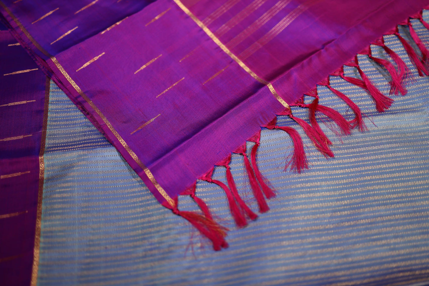 Pure Silk Saree - Blue Color with Purple Color Zari Border