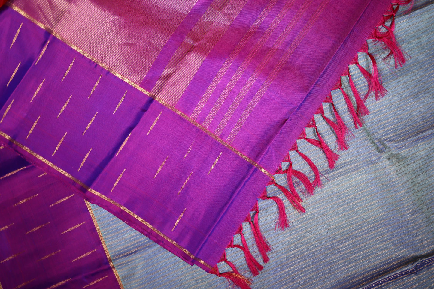 Pure Silk Saree - Blue Color with Purple Color Zari Border