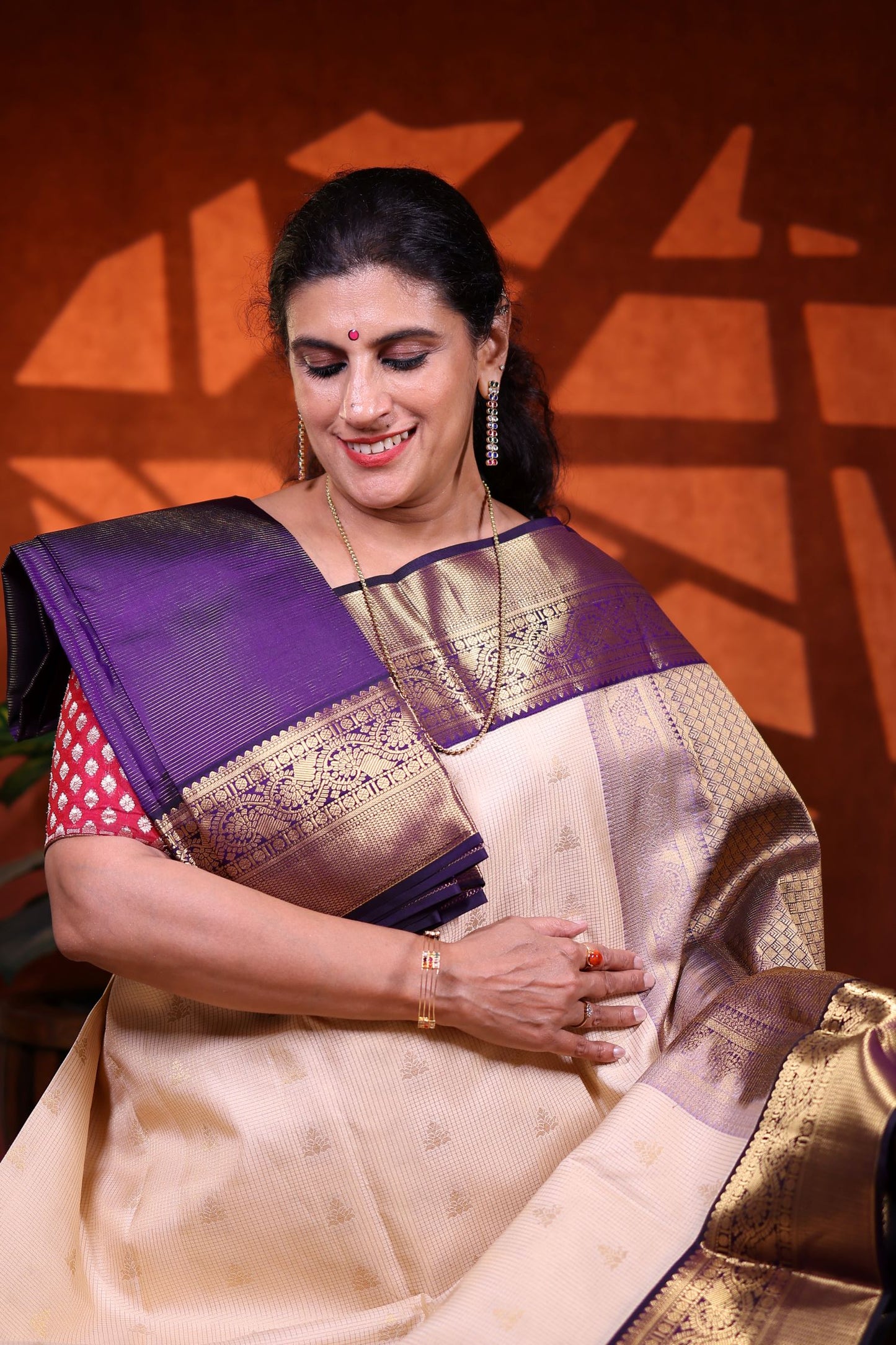 Pure Silk Saree - Cream Color with Violet Zari Border