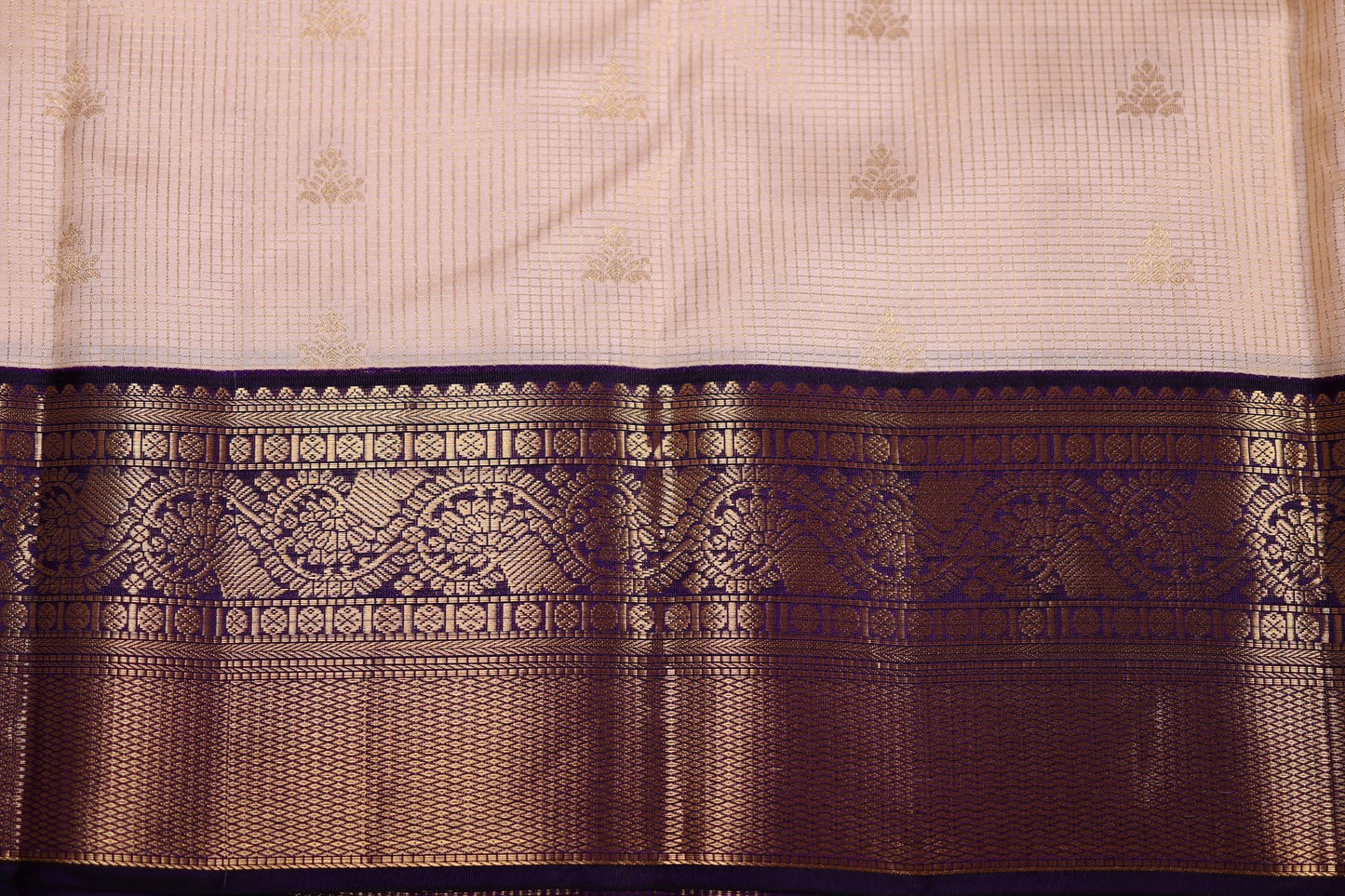 Pure Silk Saree - Cream Color with Violet Zari Border