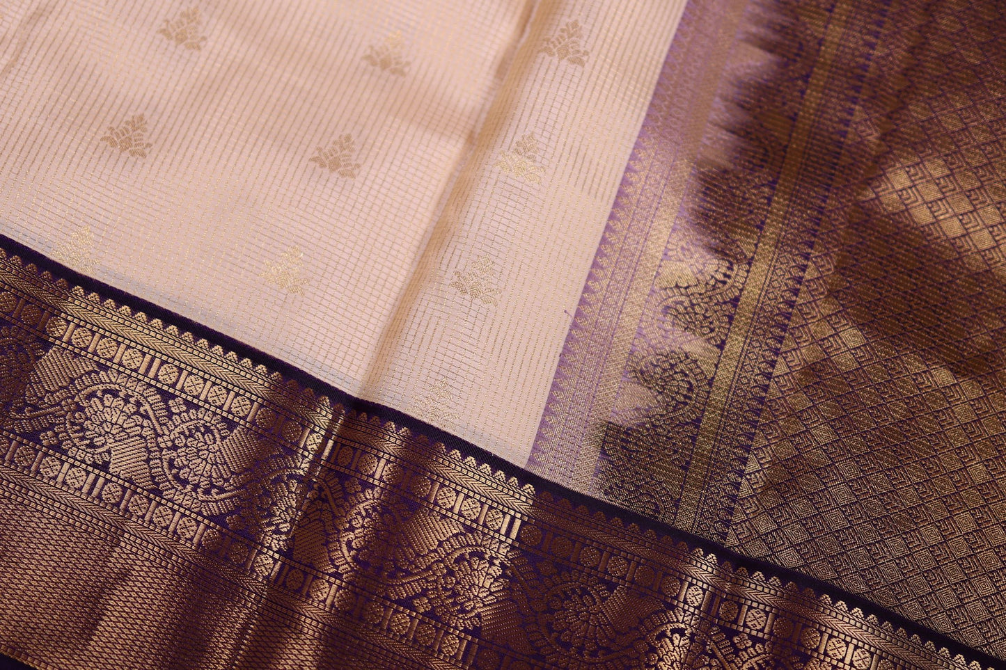 Pure Silk Saree - Cream Color with Violet Zari Border