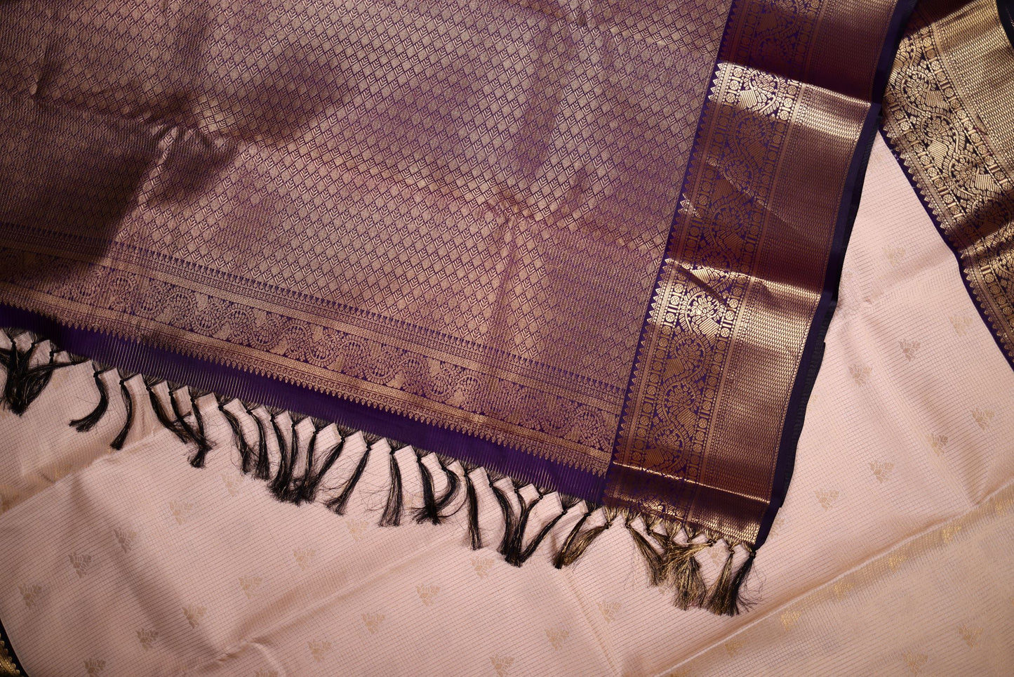 Pure Silk Saree - Cream Color with Violet Zari Border