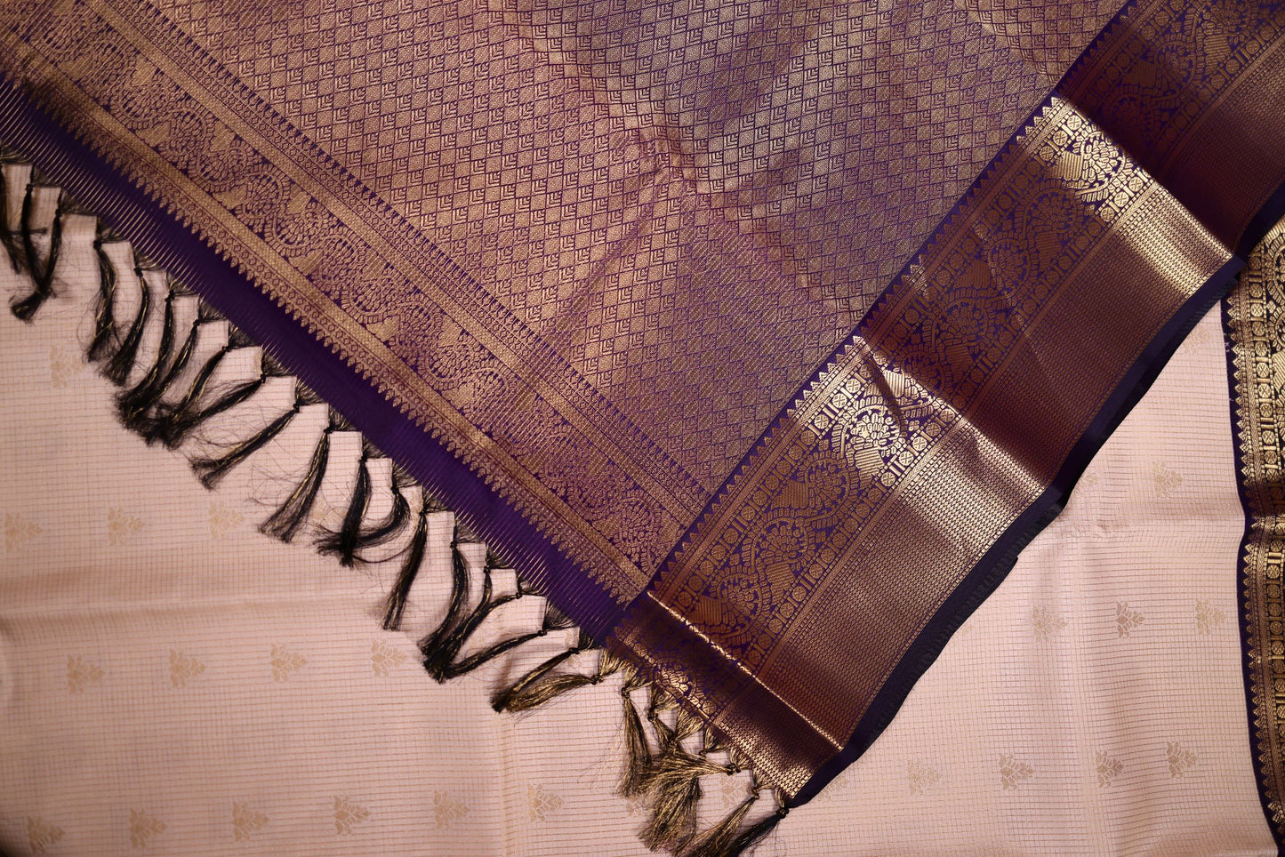 Pure Silk Saree - Cream Color with Violet Zari Border