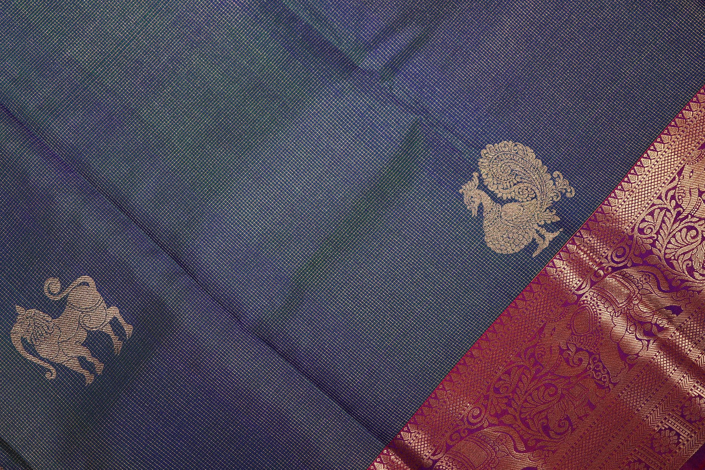 Pure Silk Saree - Peacock Blue Color with Magenta Zari Border