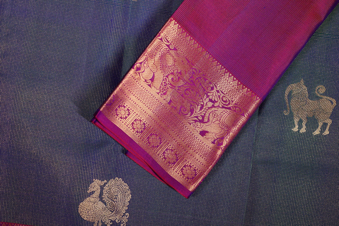 Pure Silk Saree - Peacock Blue Color with Magenta Zari Border