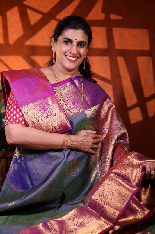 Pure Silk Saree - Peacock Blue Color with Magenta Zari Border