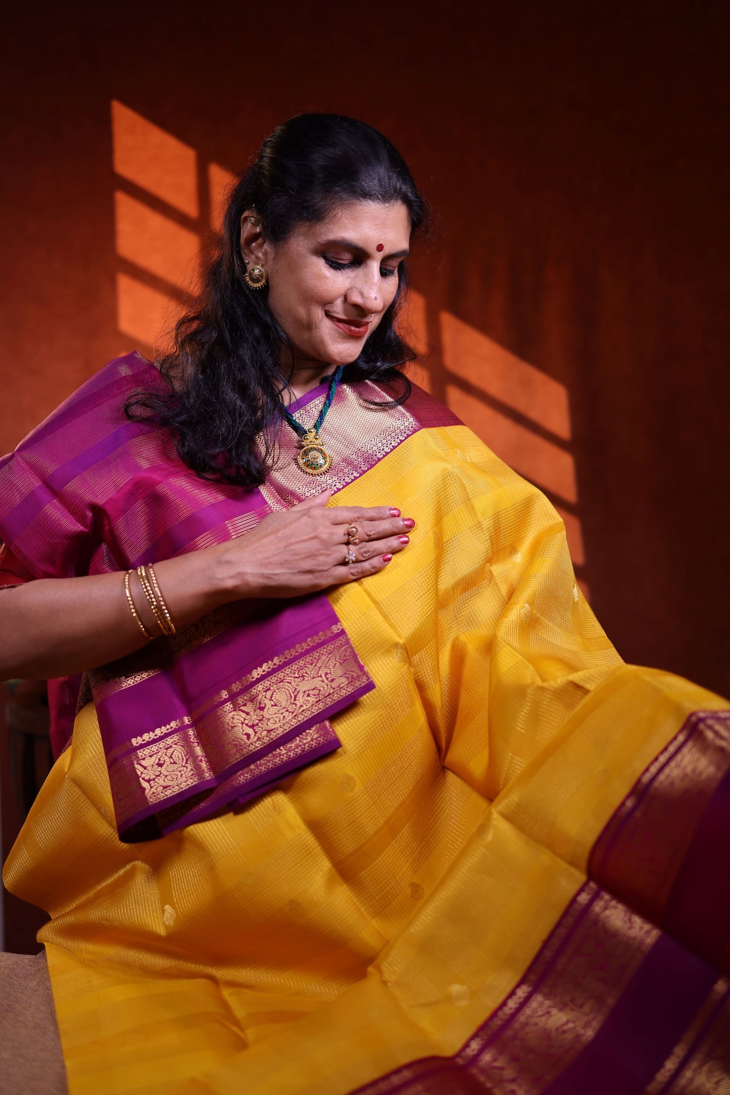 Pure Silk Saree - Yellow Color with Magenta Color Zari Border