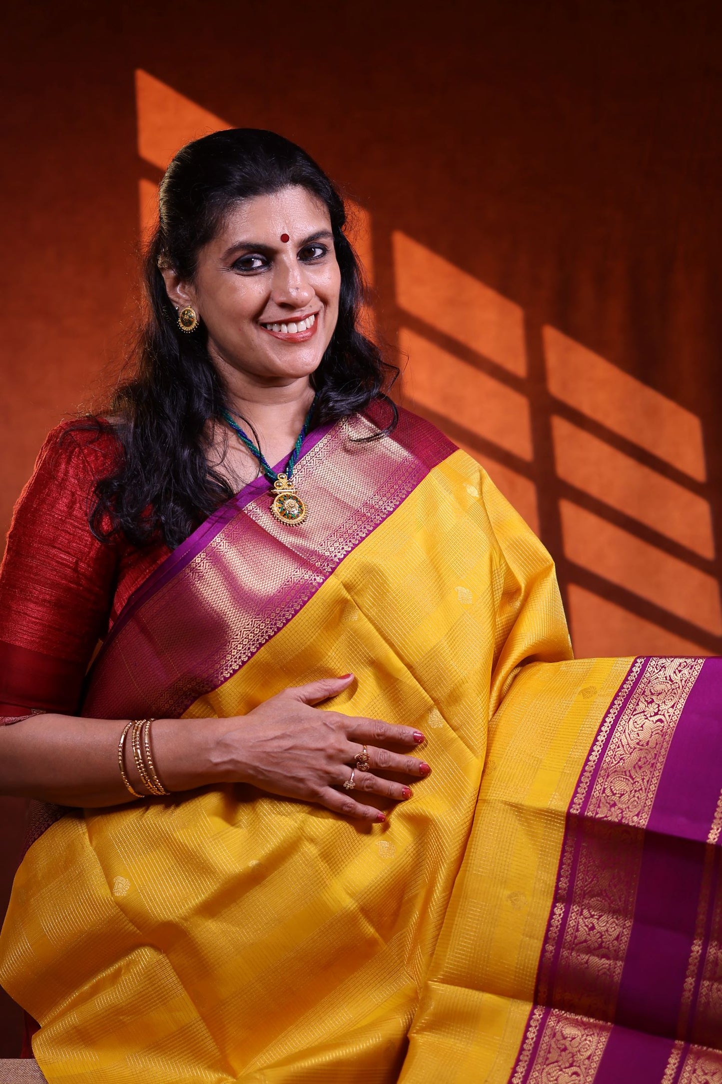 Pure Silk Saree - Yellow Color with Magenta Color Zari Border