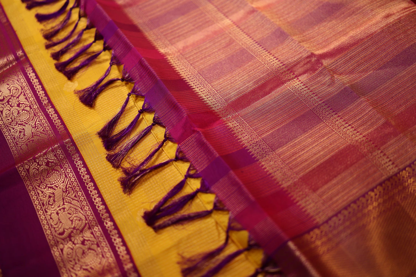 Pure Silk Saree - Yellow Color with Magenta Color Zari Border