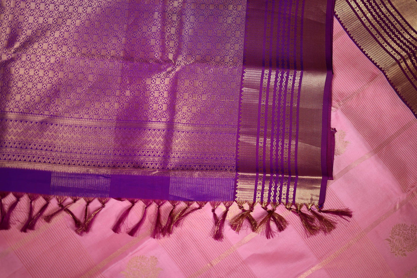 Pure Silk Saree - Baby Pink Color with Violet Zari Border